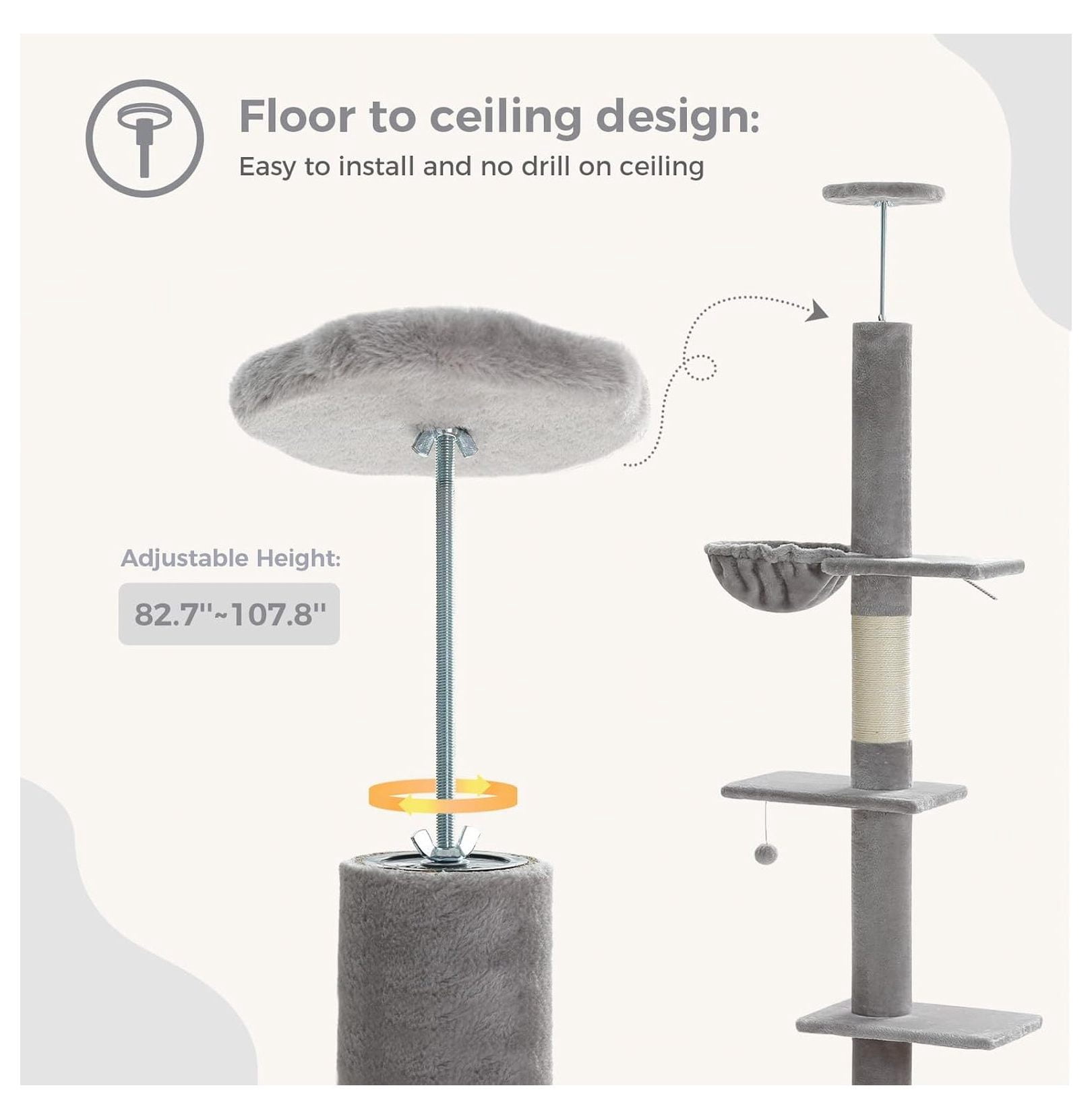 Floor to Ceiling Cat Tree, Tall Cat Tower Adjustable Height 83-108", 5 Levels Cat Climbing Tree with Condo & Hammock, Scratching Post, Grey