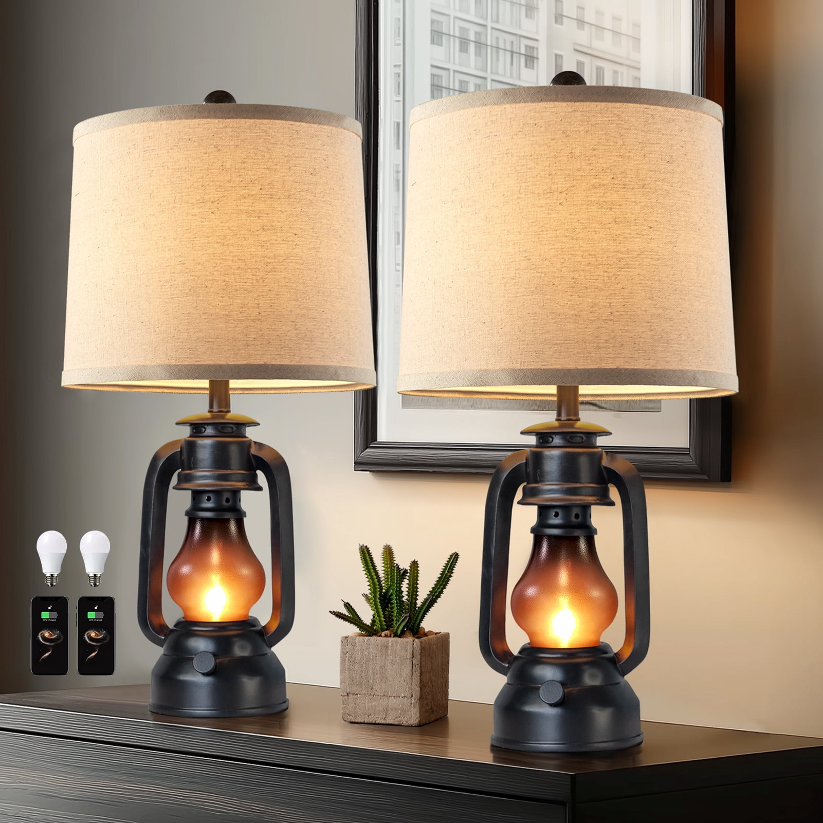 JUJUYUYOP 22" Farmhouse Lantern Table Lamp Set of Two with Dual USB Charging Ports, Suitable for Living Room or Bedroom, Includes 4 Bulbs