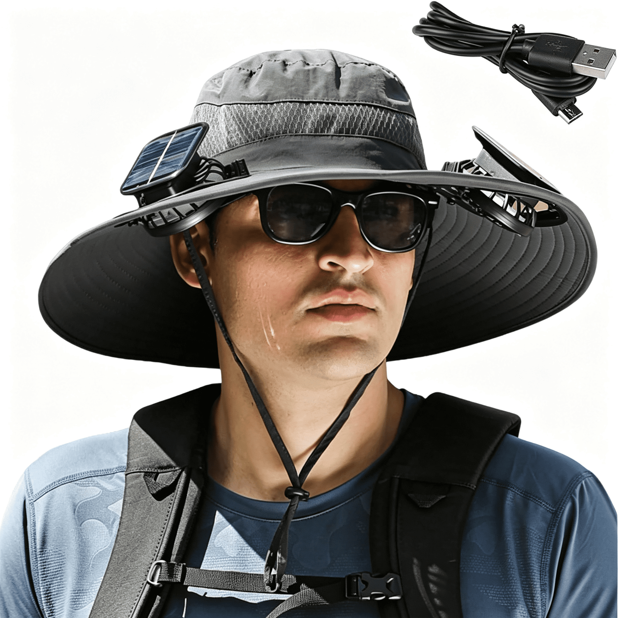 TELOLY Solar Fan Hat Wide Brim Sun Hat with 2 Solar Fan Hat with Solar Fans Built In Fishing Hat with Fan for Men Waterproof Outdoor Hiking Camping Fishing Hat Grey