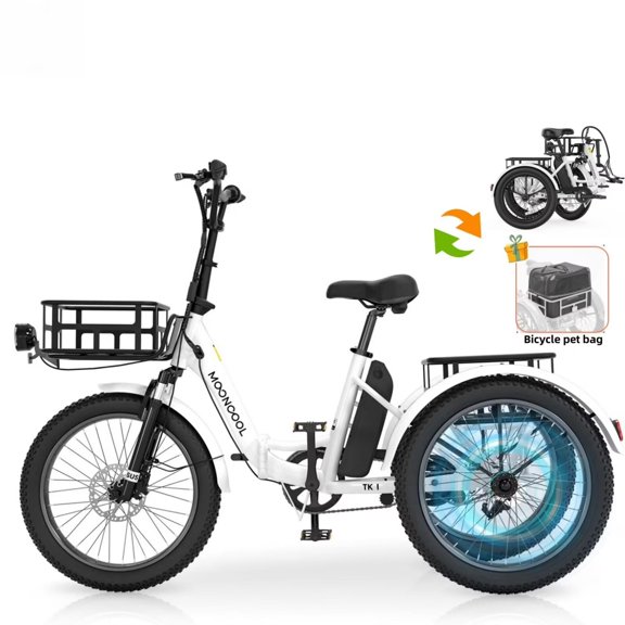Lilypelle TK1 Electric Folding Tricycle for Adults & Seniors,three 20*3in Fat Tires Ebike with 500W Motor & 48v 14.5Ah Detachable lithium battery,White