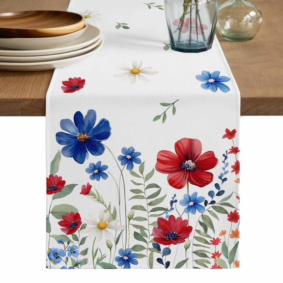 Blue Red Spring Floral Cotton Linen Table Runner for Dining Kitchen, Pastoral Flowers Watercolor Wedding Outdoor Party Tablerunners Decoration, Dresser Scarf Coffee Tablecloth Runners 13x70 Inches