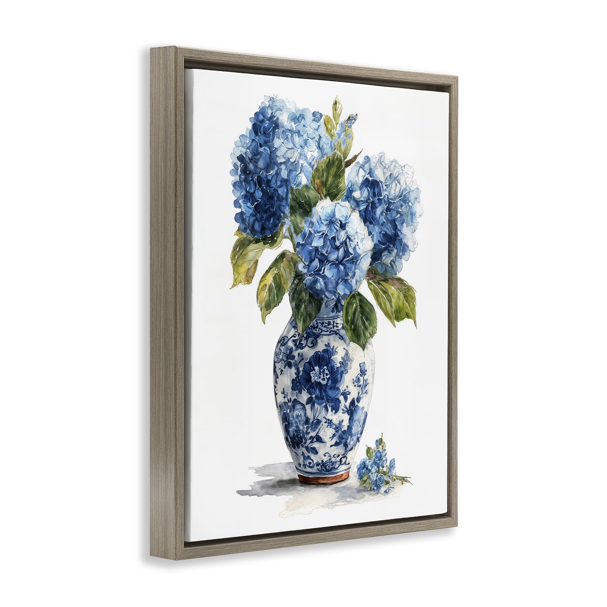 Stupell Industries Porcelain Vase with Hydrangea Bouquet Brown Framed Floater Canvas Wall Art, design by Imagine It Images