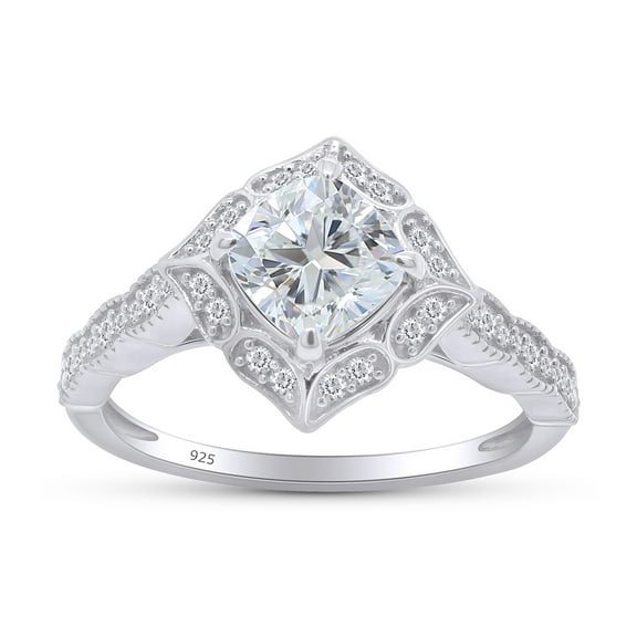 Cushion Cut Lab Created Moissanite Diamond Vintage Floral Design Engagement Wedding Ring In 14K White Gold Over Sterling Silver(VVS1/G-H,1 Cttw)-4