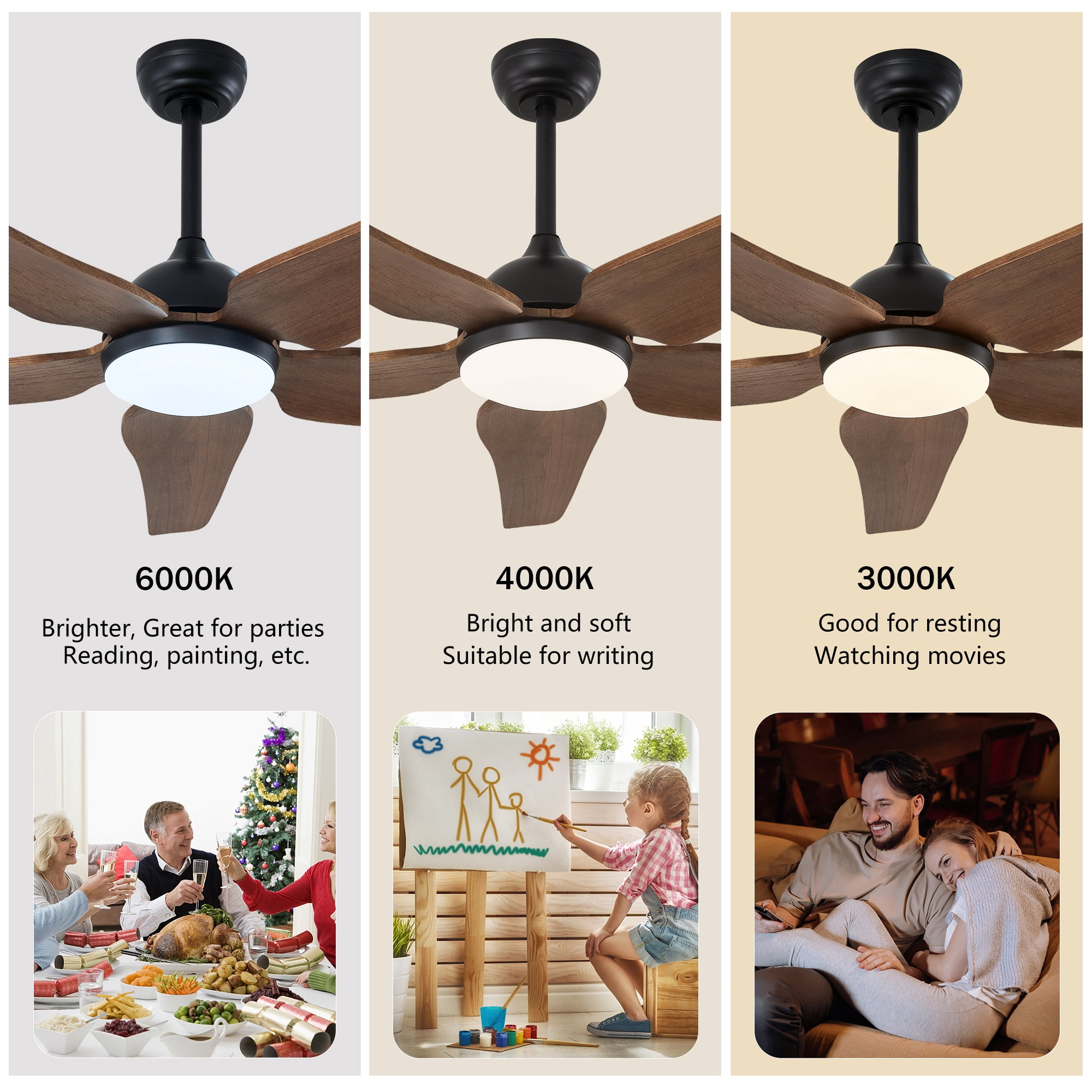 Leumius 52" Ceiling Fan with Light, Quiet DC Motor Ceiling Fans 6 Speed Levels,Reversible Ceiling Fan for Patio Living Room Bedroom Black