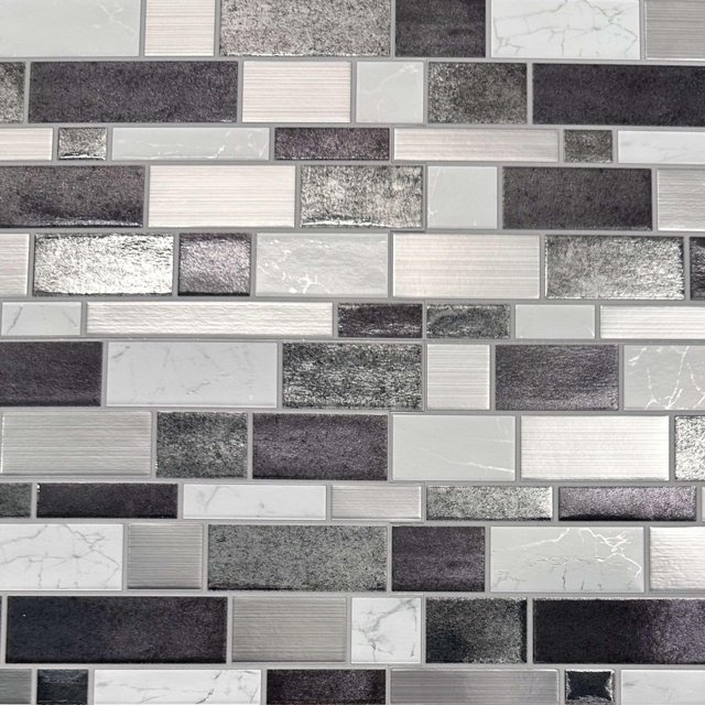 Paquete De 24 Azulejos De Papel Tapiz De 8 X 8 "Para Diseño De Apariencia De Mármol Contra Salpicaduras De Cocina. Despegue Y Pegue El Protector Contra Salpicaduras De Mosaico Metálico Negro Y Platead