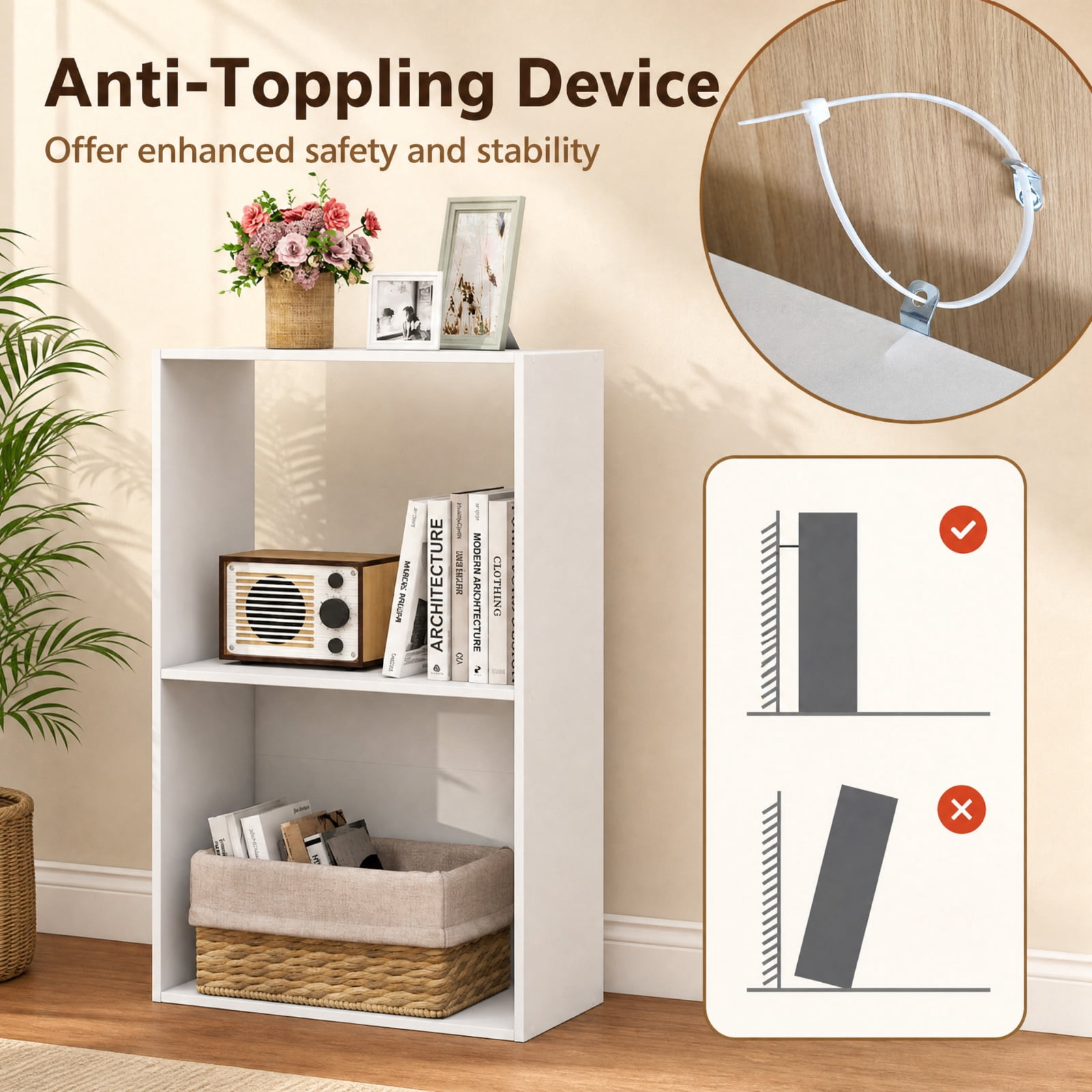 Furnibear Set of 2 3-Tier Freestanding Bookshelf with Open Storage Compartment and Display Shelf for Living Room and Study, White