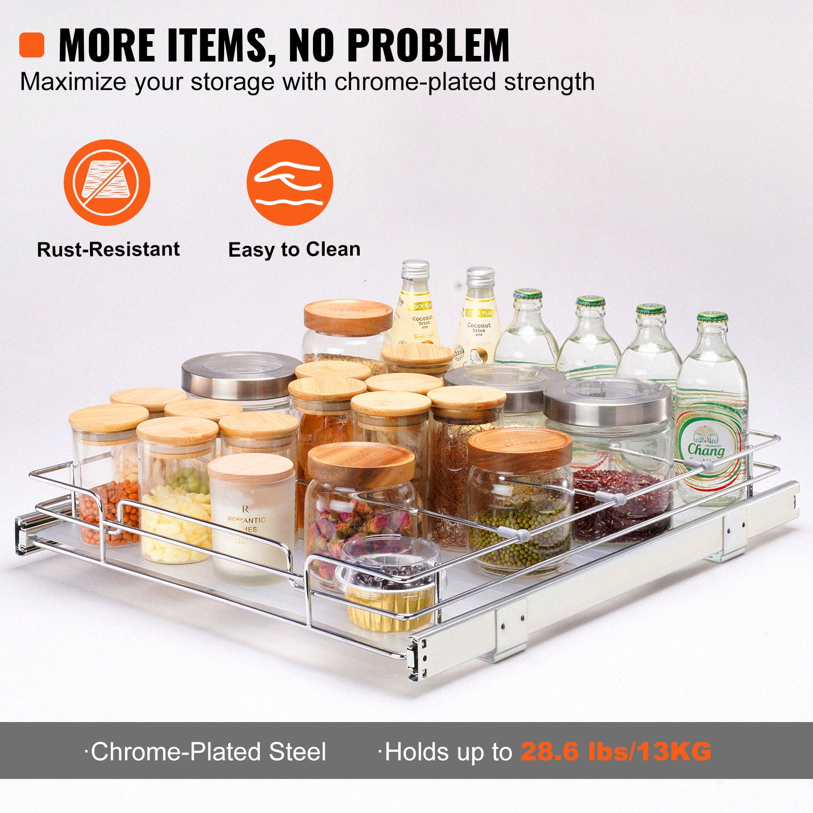 VEVOR 15.5"Wx21"Dx3.5"H Pull Out Cabinet Organizer, Heavy Duty Slide Out Pantry Shelves, Steel Roll Out Drawers, Sliding Drawer Storage for Home Under Sink, 17"Wx22"Dx7"H Install Size for Cabinet