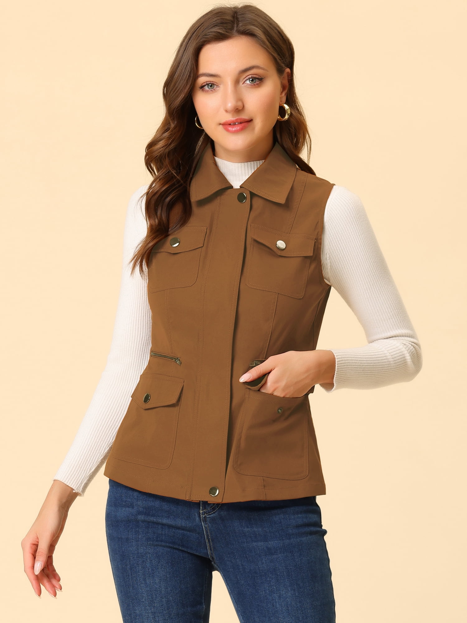 DARING DIVA Women's Travel Vest with Pockets Sleeveless Cargo Utility Vest 3XL Brown