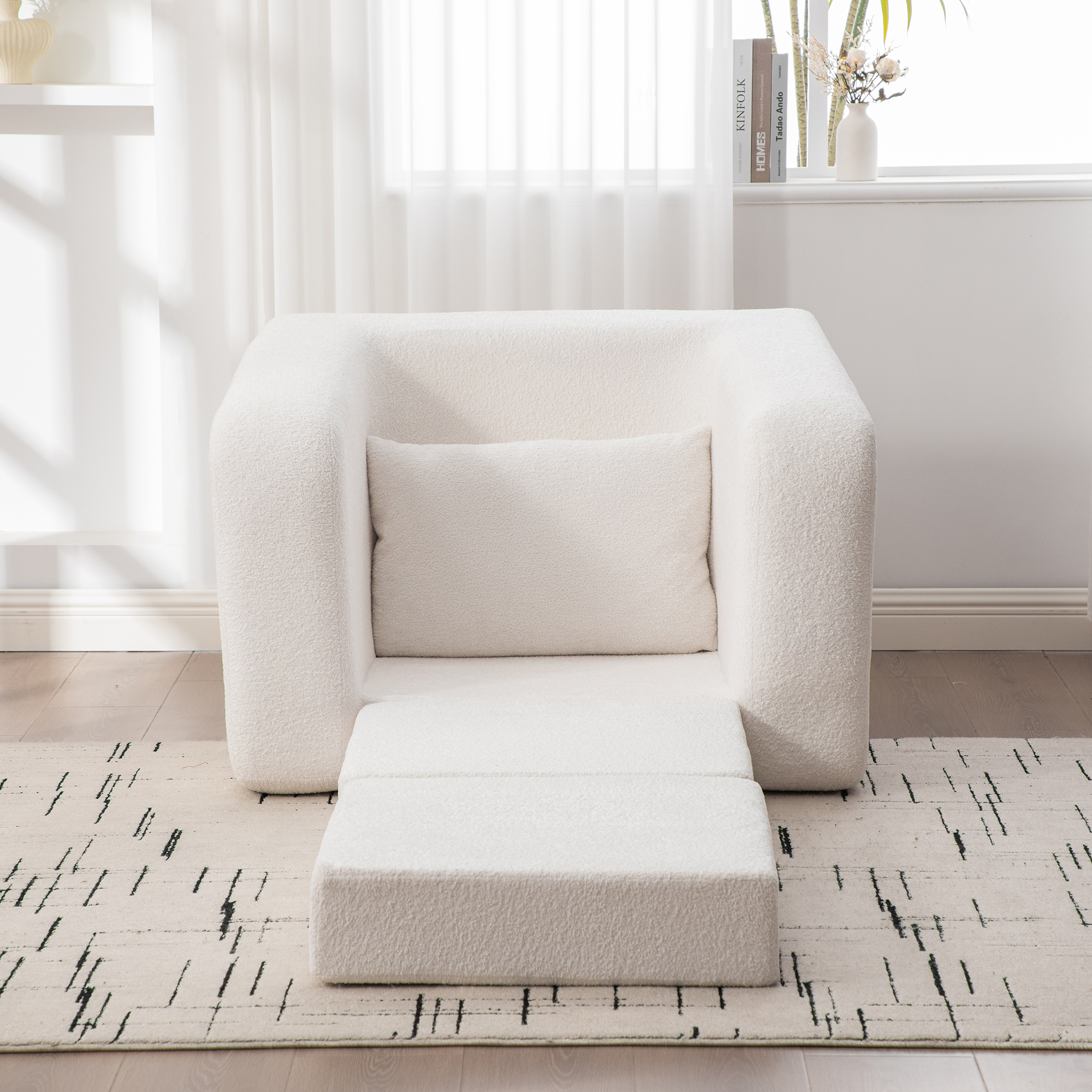 Modular Folding Sofa Chair,Convertible Floor Couch with Armrest & Backrest, Sleeper Lounge Accent Chair for Apartment Living Room Bedroom Dorm,Ivory White
