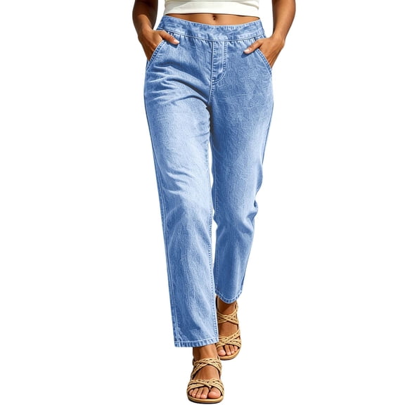 RFQWOVSR Womens Elastic Waist Straight Leg Cropped Jeans Stretchy Casual Denim Pants L