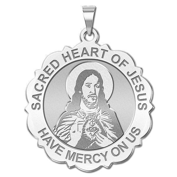 Sacred Heart of Jesus Scalloped Religious Medal 2 3 Inch Size of Dime, Solid 14K White... by