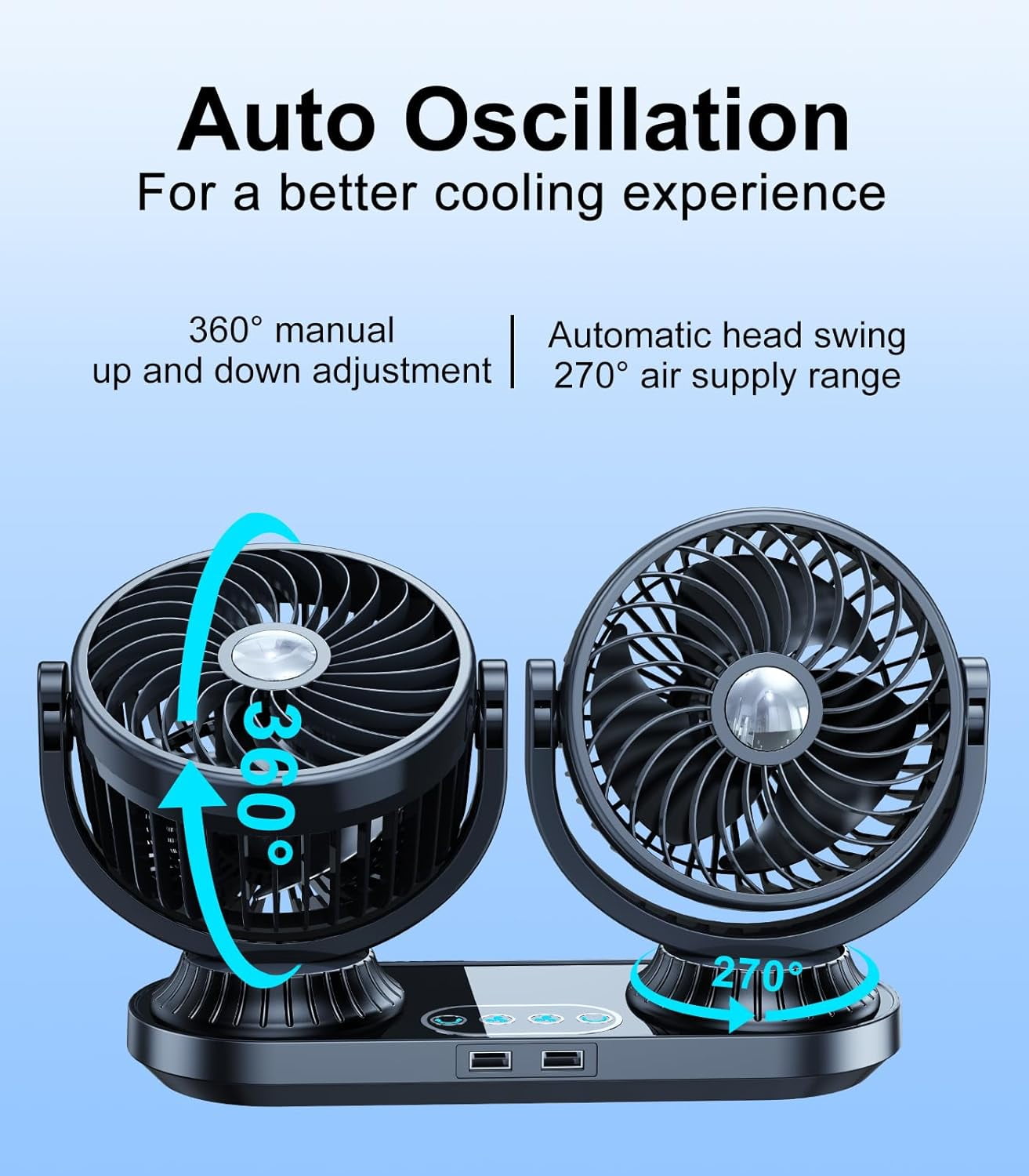 Car Cooling Fan, Dual Head Auto Oscillating Car Cooling Fan for Dashboard, DC 12V/24V Cigarette Lighter Powered 3 Speeds Vehicle Fan, Comes with 2 USB Charging Ports for Sedan Suv Rv Van Truck