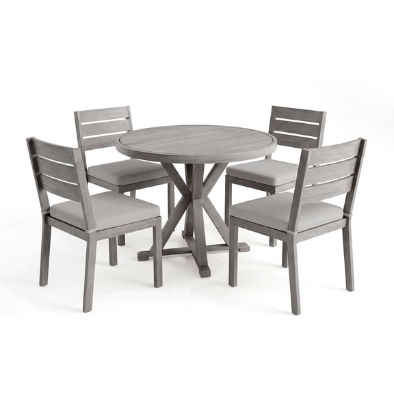 Martha Stewart 5 Piece Aluminum Patio Set, 4 Stackable Dining Chairs with Gray Cushions, 36" Round Trestle Base Table, Gray Brushed Woodgrain Finish