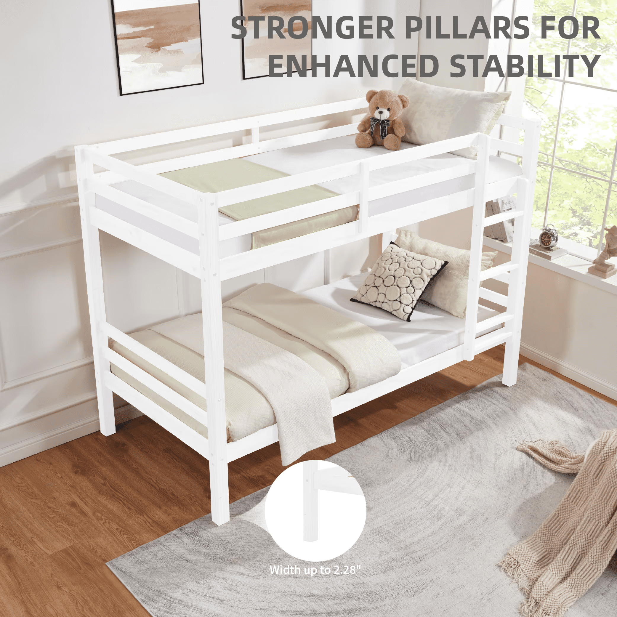 MAYEERTY Twin over Twin Bunk Bed with Thick Posts, Wooden Bed Frame with High Guardrail and Ladder for Kids, No Box Spring Needed, White
