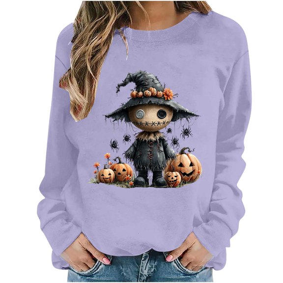 qelini Pullover Sweatshirts for Women Plus Size Pumpkin Print Shirts Pullover Long Sleeve Crew Neck Fall Winter Tops