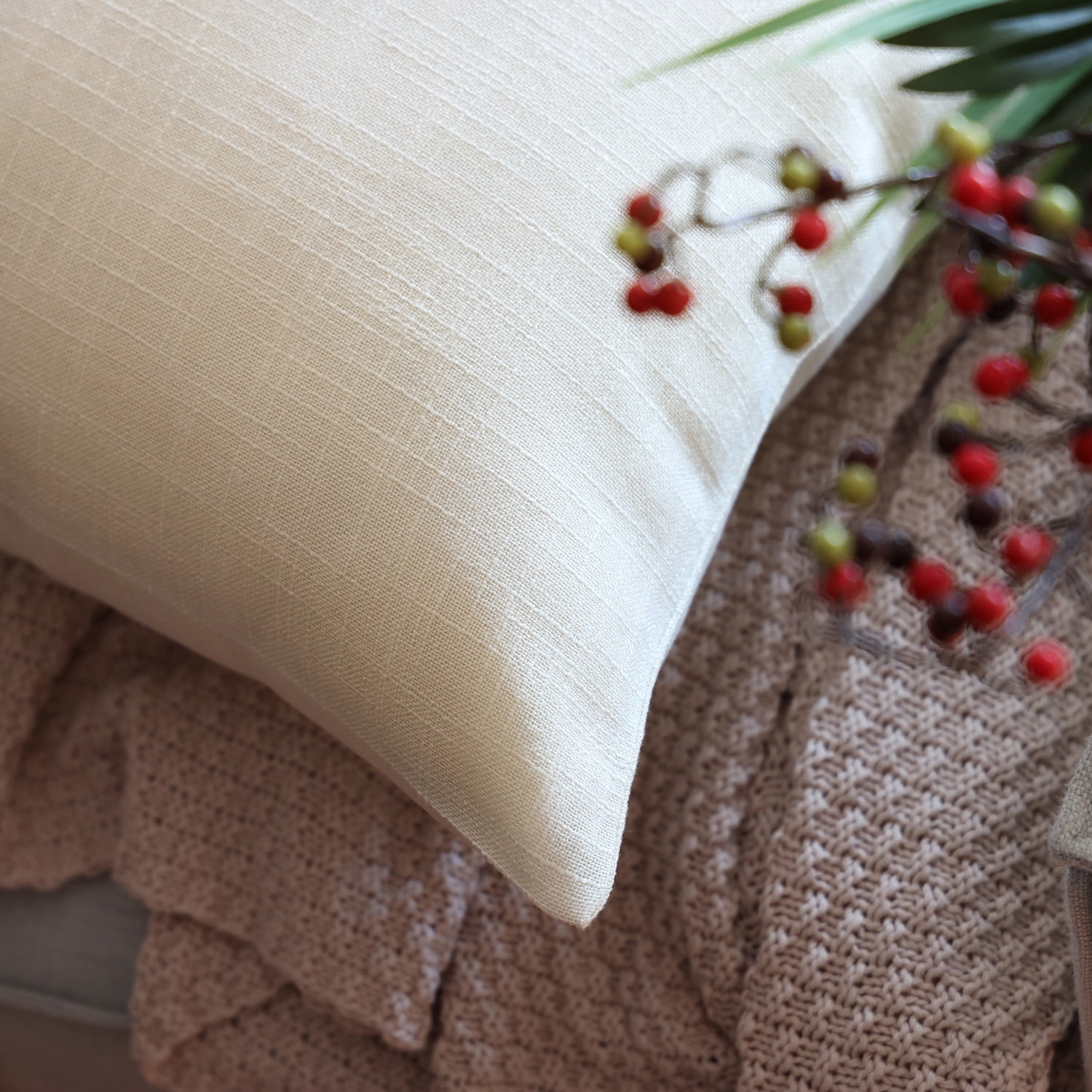Phantoscope Textural Faux Linen Series Decorative Throw Pillow, 18" x 18", Off White, 1 Pack