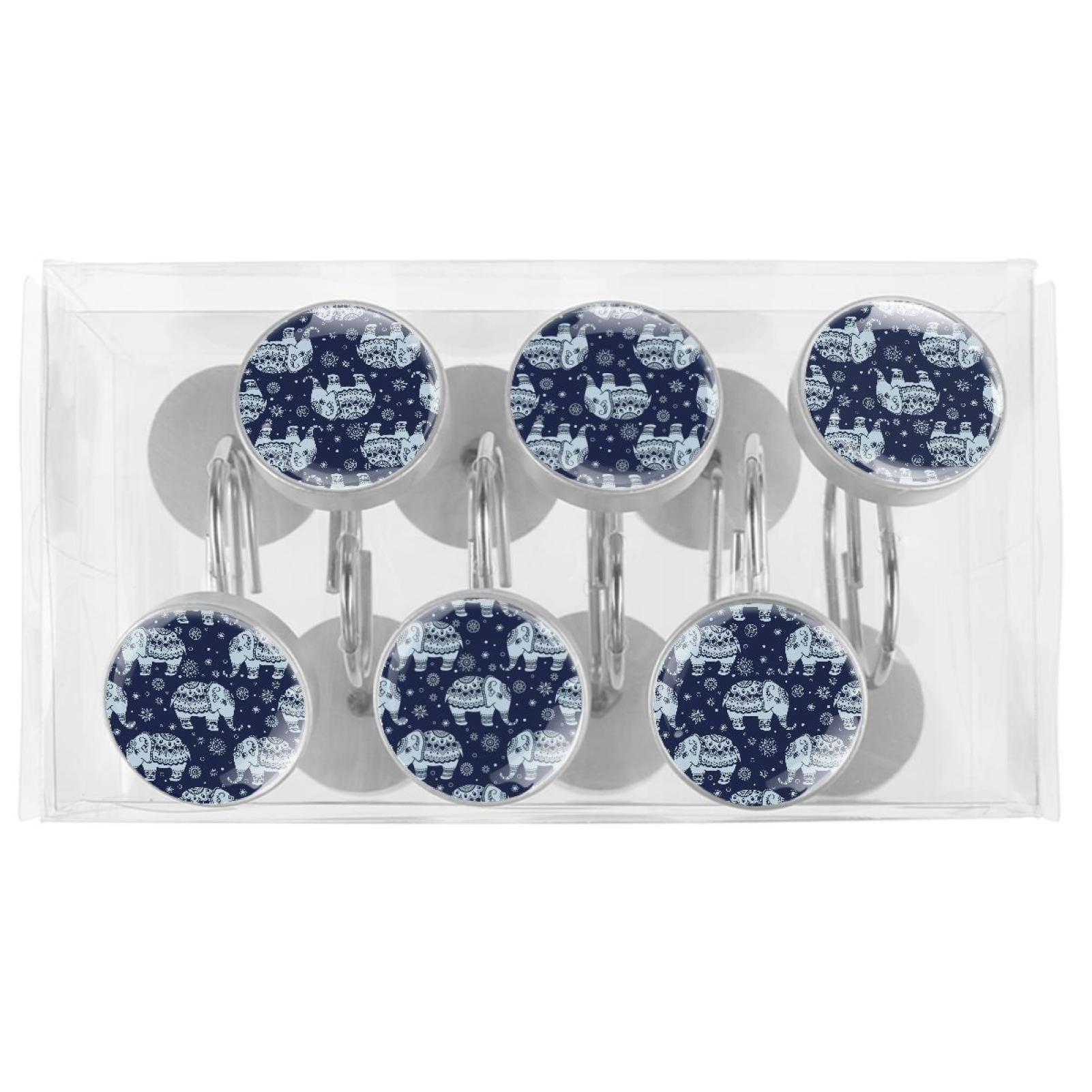 Elephant Shower Curtain Hooks（Set of 12）for Home Hotel Shower Rods Bathroom Crystal Glass Print Stainless Steel Round Curtain Hooks