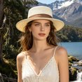 thumbnail image 3 of Fewfanhot Women Wide Brim Straw Boater Hat UPF Sun Protection Foldable Beach Fedora with Rhinestone Buckle Ribbon, 3 of 7