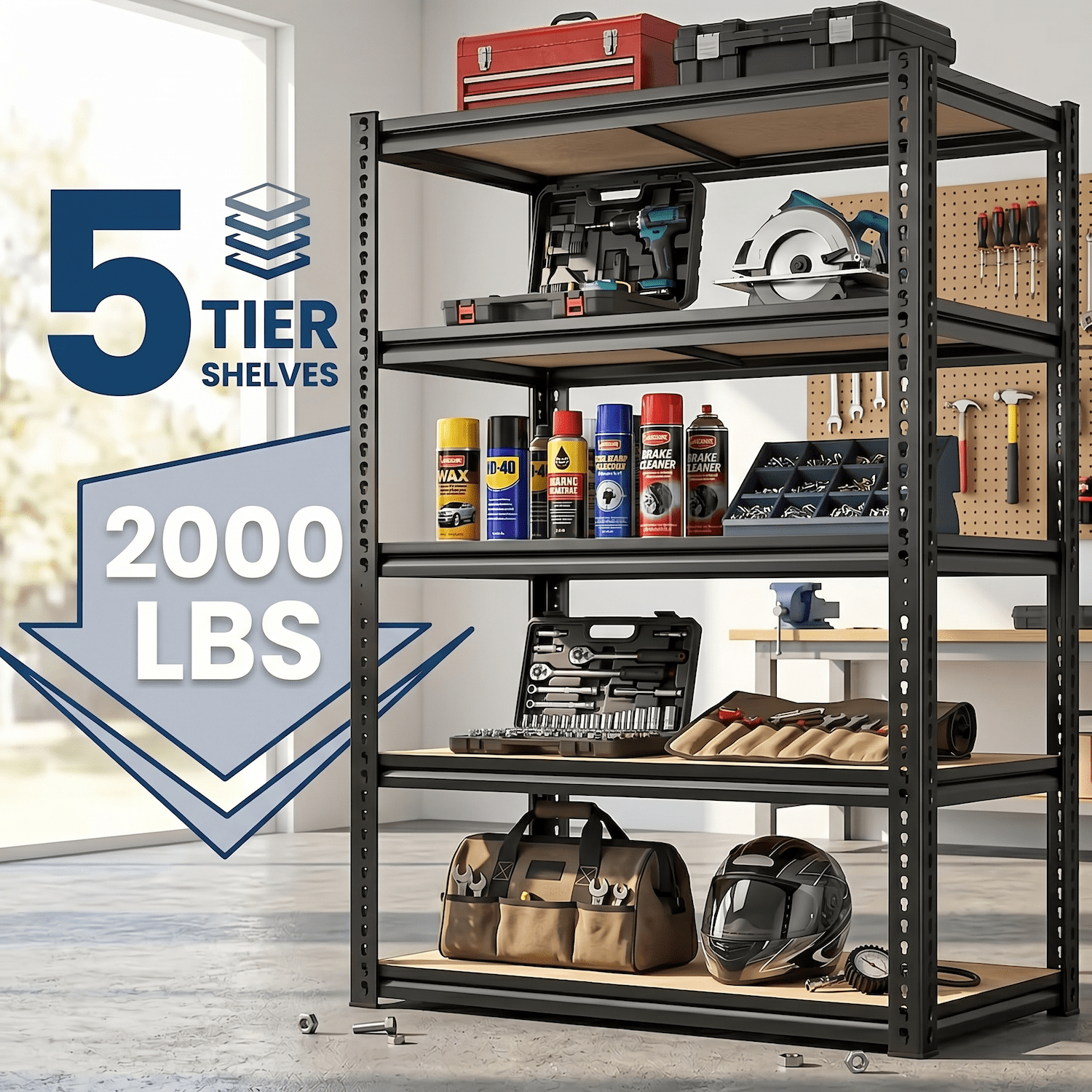 Xiweot Garage Shelving Unit Heavy Duty 2400 lbs, Garage Storage Shelves 5 Tier Adjustable Metal Storage Rack, Utility Shelves for Basement Pantry Closet Warehouse, Black 72" H x 35.5" W x 16" D