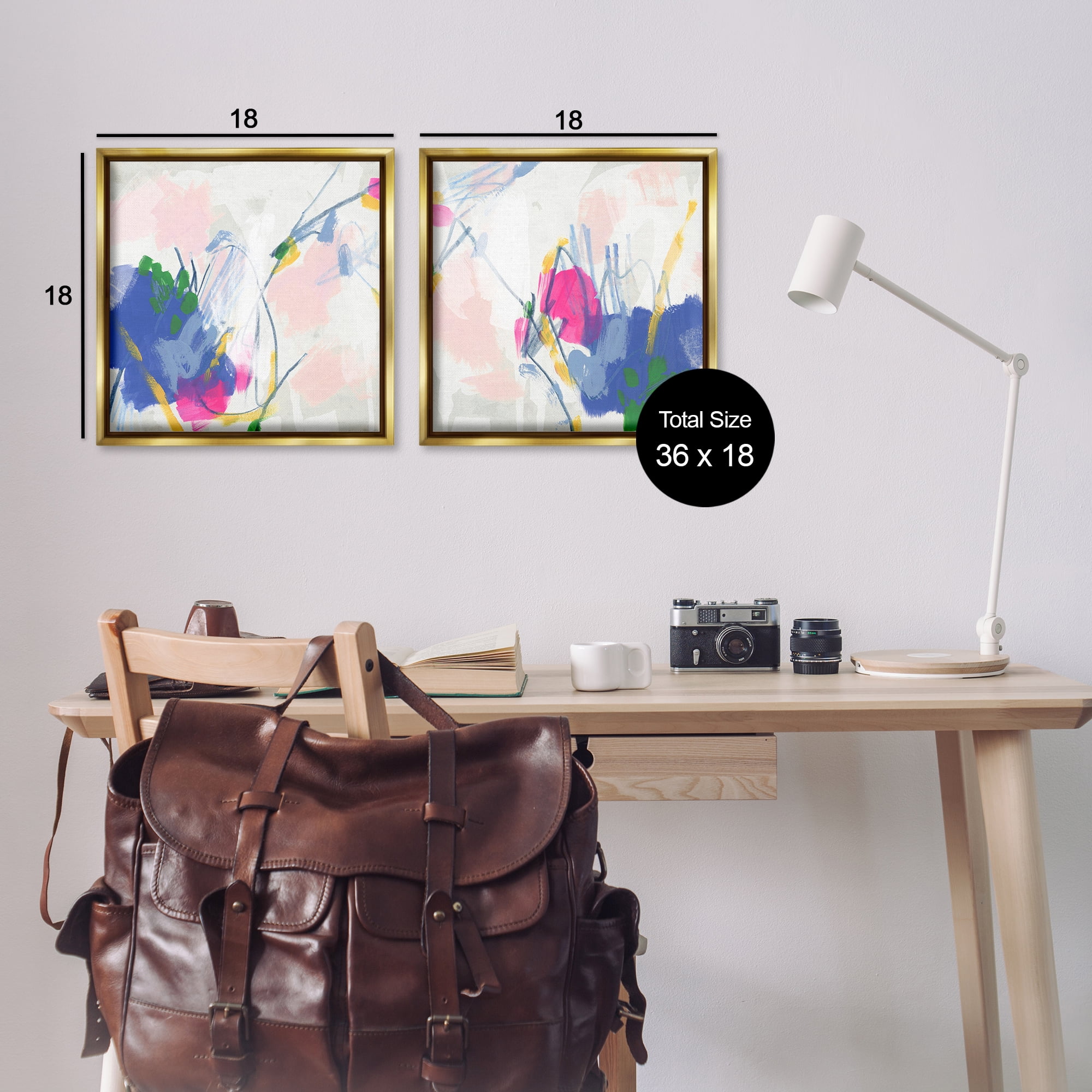 Stupell Industries Pink Blue Pop Abstract Abstract Painting Gold Floater Framed Canvas Art Print Wall Art, 18 x 18, Set of 2