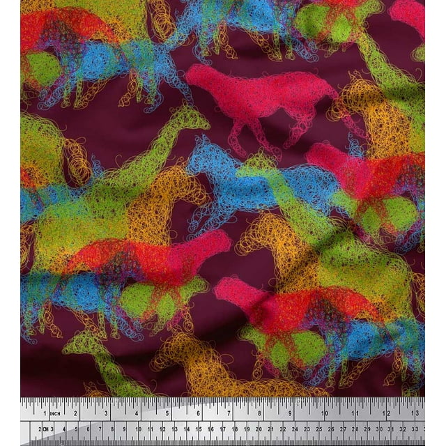 Soimoi Tissu en Voile de Coton Rouge Imprimé Girafe, Léopard & Cheval 1 Yard 56 Pouces de Large