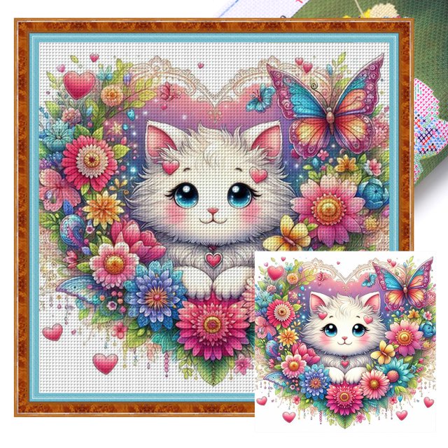 Kit Punto Cruz Gato Impreso Hilo Algodón Ecológico Bordado Arte 50x50cm 11CT