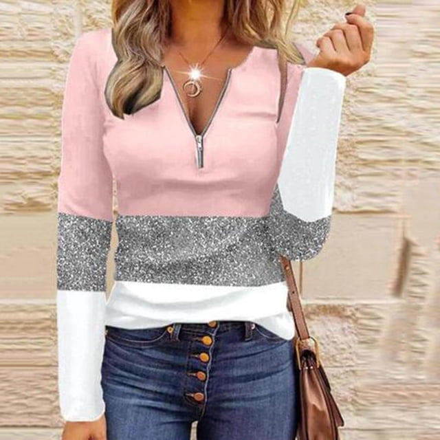 Puntoco Mujeres Cuello en V Cremalleras Crop Workout Gradiente Bloque de color Impresión Costura Manga larga Sexy tops Puntoco Puntoco-2491
