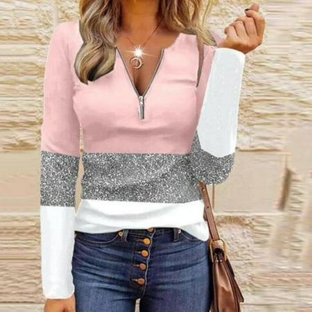 RXIRUCGD Trendy Casual Womens Long Sleeve Tops Clearance Items Women V-Neck  Zippers Crop Workout Gradient Color Block Printing Stitching Long Sleeve  Tops Womens Tops 