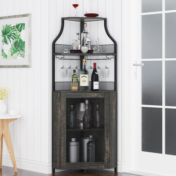 Yeshouse mueble esquinero para vinoteca de estilo rústico, pequeño aparador con estante desmontable y puerta de malla, soporte para vasos, armario para licores y café, ideal para cocina y comedor