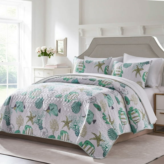 Davulos 3 Piece Coastal Quilt Sets King/California King Size Reversible Quilts with Shams Summer Bedspread Nautical Quilted Coverlet Beach Bedding Set for All Season