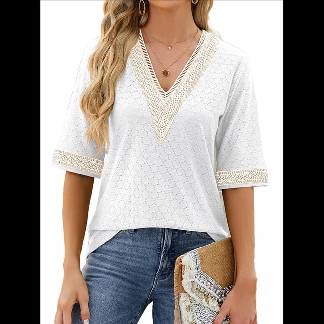 Blusa Tipo Túnica de Hueca con Encaje de Crochet, Cuello en V, 3/4, Color Liso, Talla Grande, para Mujer. L