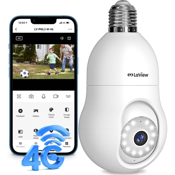 LaView 4G LTE Cellular Light Bulb Security Camera,3602K Security Cameras Wireless Outdoor Indoor 4MP Full Color Day and Night,Motion Detection, Audible Alarm,Easy Installation,Compatible with Alexa