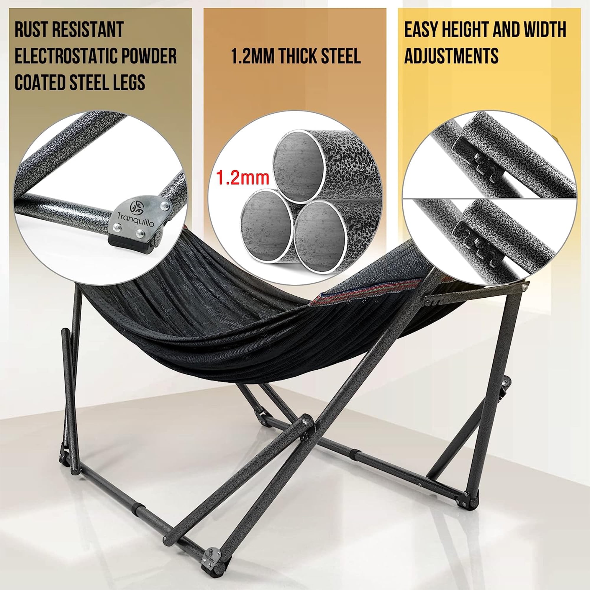 Tranquillo Universal 106.5" Double Hammock w/ Adjustable Stand & Bag, Black