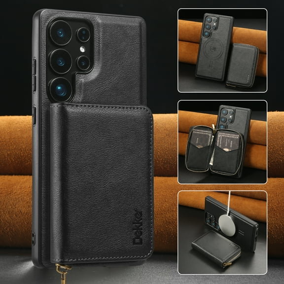 For Samsung Galaxy S24 Ultra Case,[Magnetic Detachable Flip Zipper Purse][Compatible with Mag-Safe] [With Card Slots] PU Leather Kickstand Shockproof Rugged Anti-fall Phone Case Cover,Black