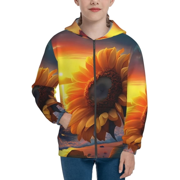 Naloa Sunset Coast Sunflower Teenage Zipper Hoodie, Long Sleeve Zip Up Hoodies Casual Jackets Tops for 7-12 Years-Small