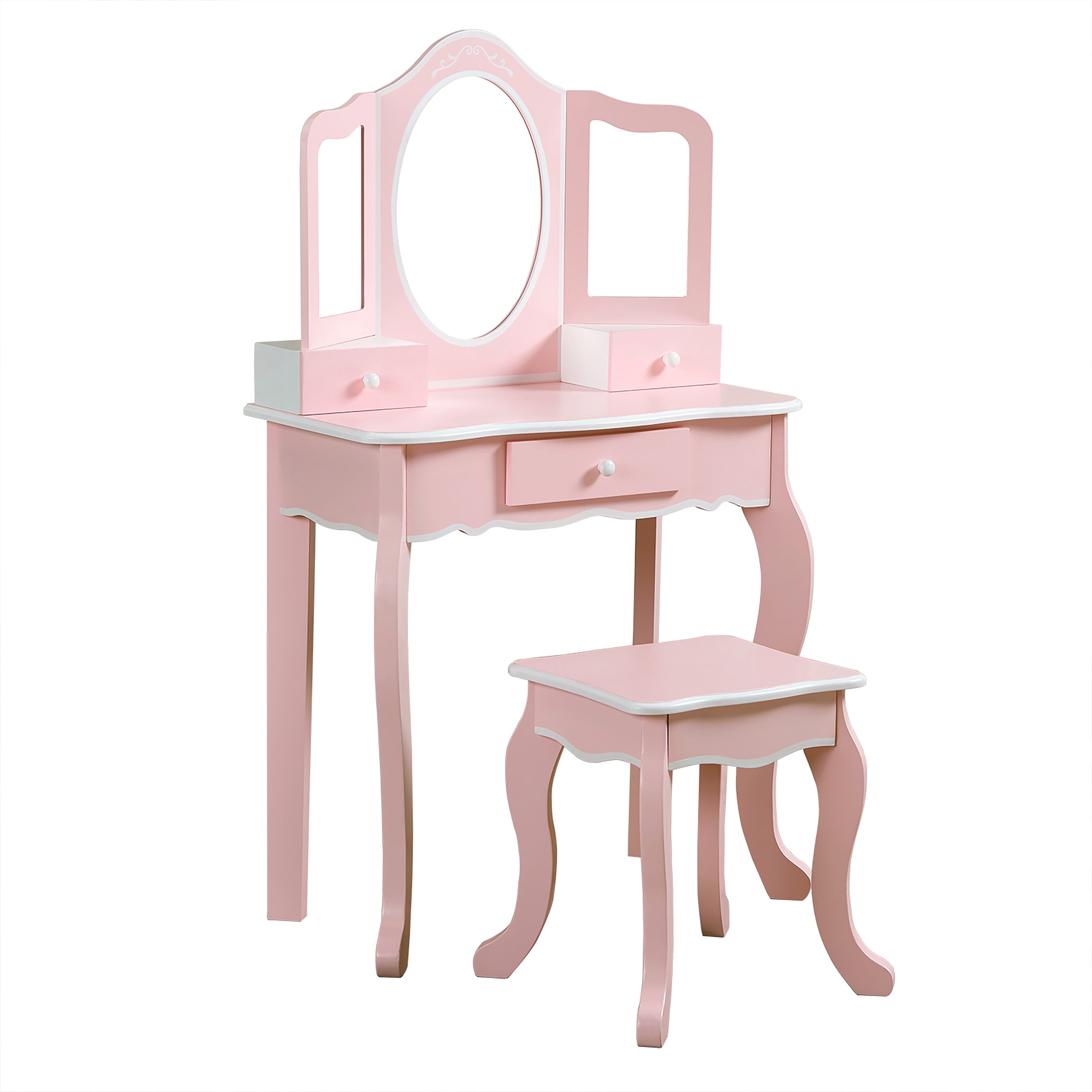 Teamson Kids Vanity Table & Stool Set with Acrylic Tri-Fold Mirror, Pink