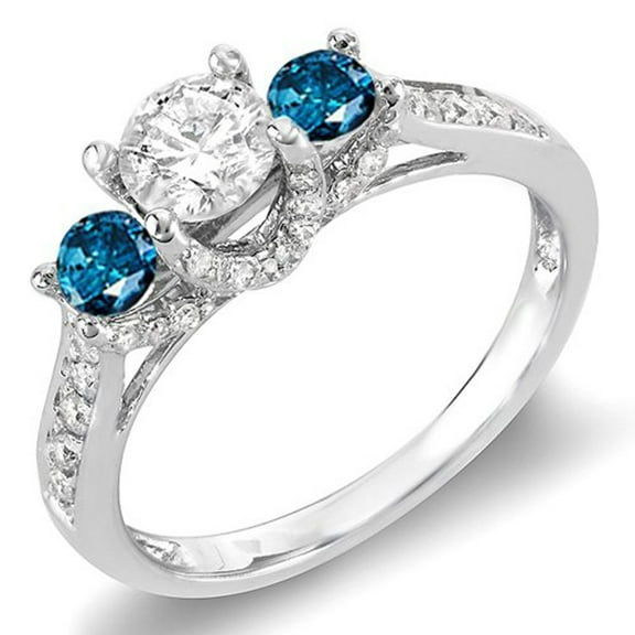 Dazzlingrock Collection 1.00 Carat (ctw) 14k Round White And Blue Diamond 3 Stone Ladies Bridal Engagement Ring 1 CT, White Gold, Size 7.5