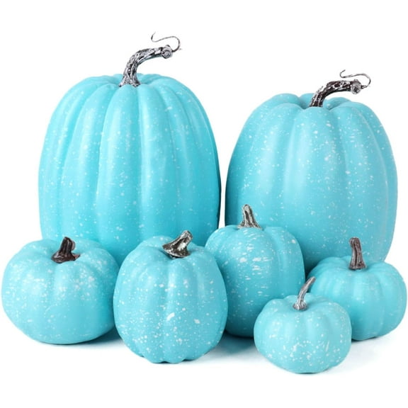 Foraging dimple 7 Pcs Assorted Blue Plastic Pumpkins for Decorating - Artificial Foam Pumpkins for Fall Decor, Thanksgiving, Halloween, Wedding & Party, DIY Craft Fake Pumpkin for Table Centerpiece