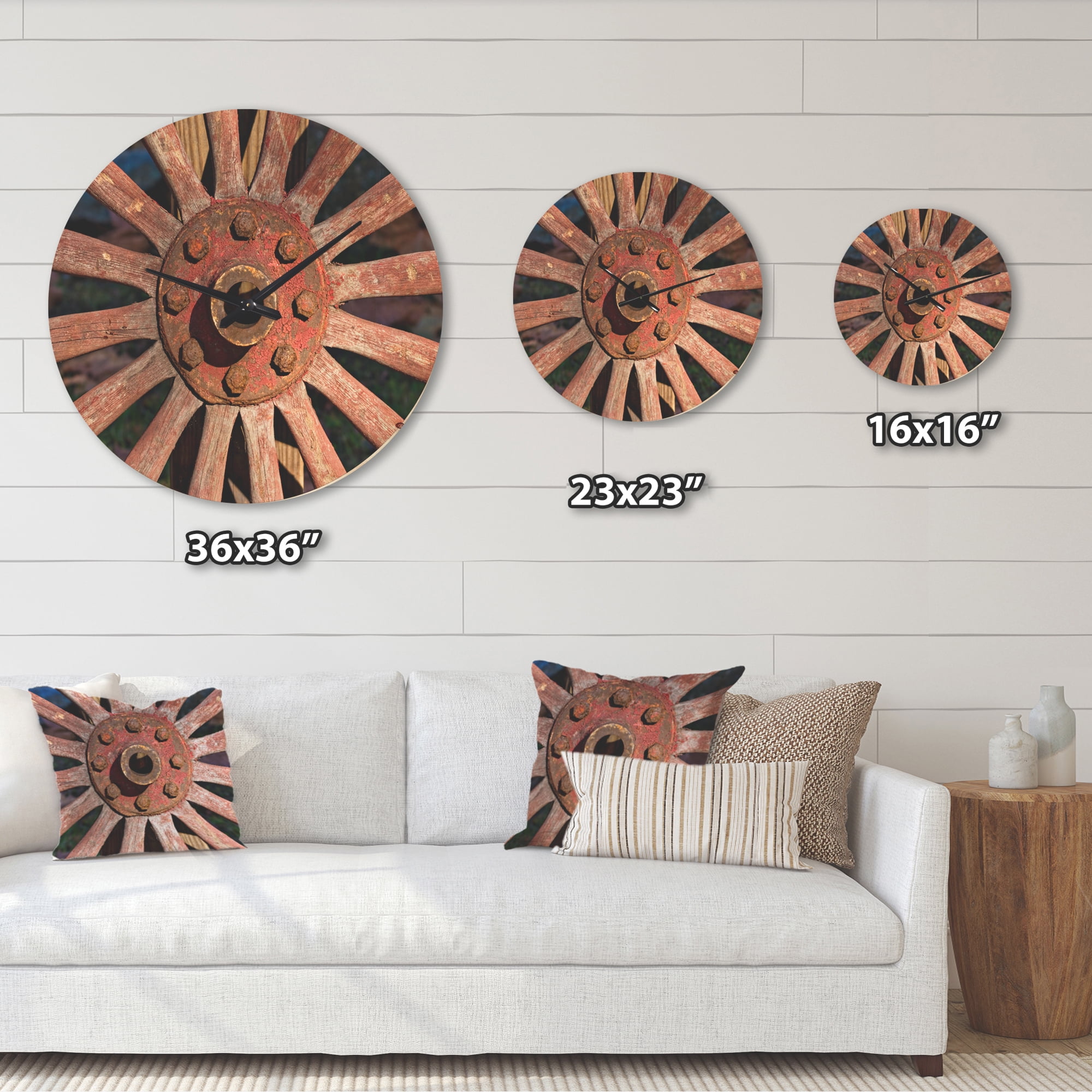 Designart 'Vintage Red Metal Country Wagon Wheel ' Farmhouse Wood Wall Clock