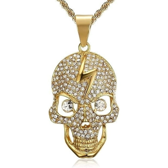 NEGS 18K Gold Plated Skull Lightning Death Skeleton Pendant 24'' Chain Biker Stainless Steel Necklace for Men Women