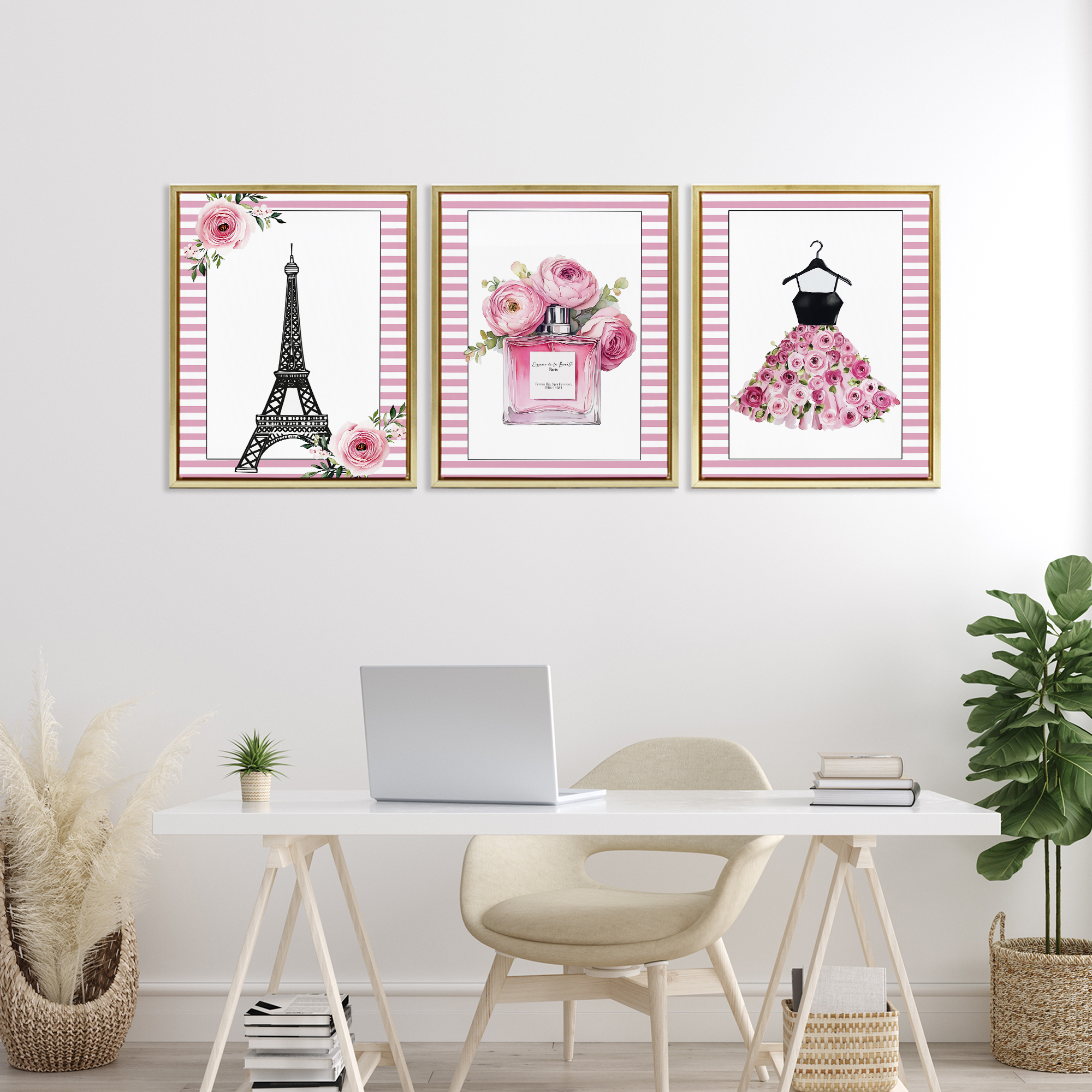 Parisian Glam with Stripes 3 Piece Gold Framed Floater Canvas Set, design by Christine Simpson Art