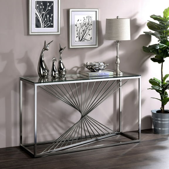 Furniture of America Ceria Glass Top Console Table, Chrome