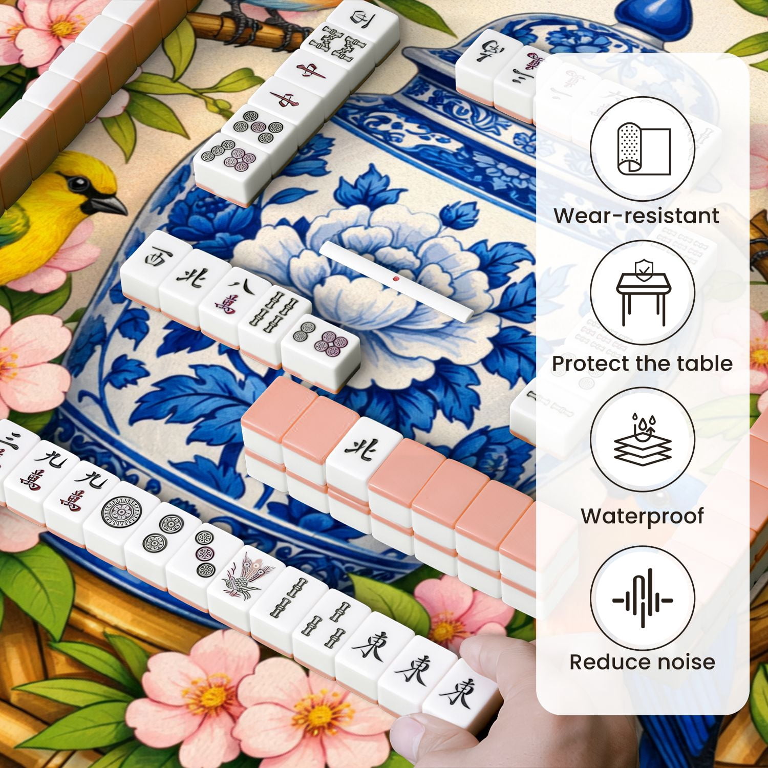 Mahjong Mat 31.5" x 31.5" Blue White Floral Jar Colorful Birds Blossoms Non-Slip Noise Reduction Mahjong Tiles Table Cover for Dominoes Poker Card Board and Tile Games