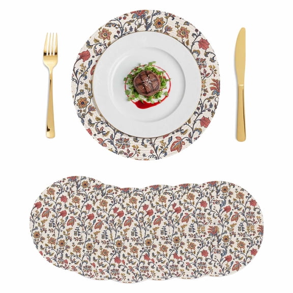 Orange Red Leaf Round 13 Inch Placemats Set of 6, Vintage Farmhouse Boho Pastoral Tribal HeatResistant Non Slip Place Mats for Dining Table, Wipeable Braided Kitchen Table Mats for Housewarming
