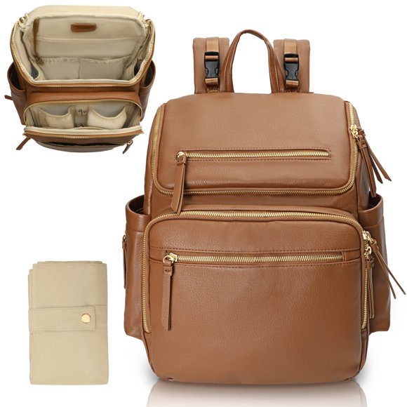 Mochila para pañales de piel Omanmoli con 17 bolsas, color marrón