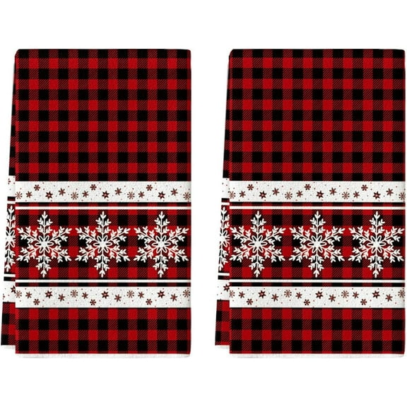 Red Buffalo Plaid Snowflake Winter Kitchen Towels Dish Towels, 16x24 Inch Farmhouse Holiday Decoration Cleaning Set of 2