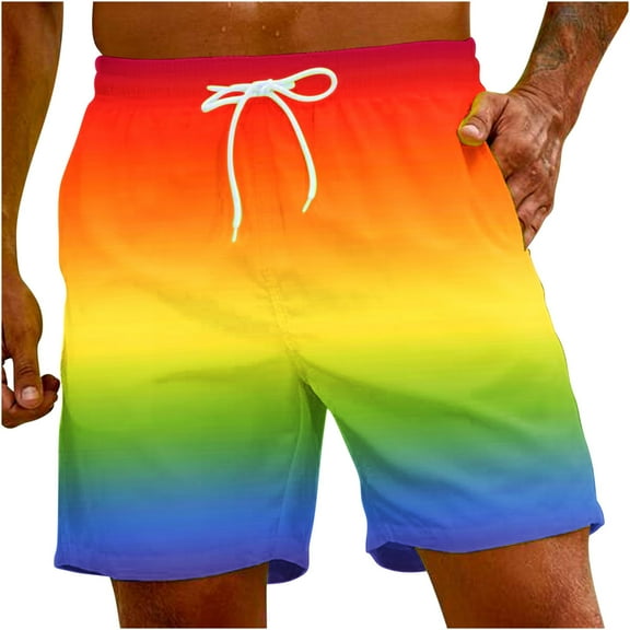 HOOMEUMY Men's Rainbow Swim Trunks Beach Shorts Quick Dry Summer Bathing Suits with Pockets Mesh Lining Drawstring Multi-color L