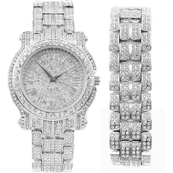 Bling-ed Out Ultimate Gold Hip Hop Royalty Mens Watch w/Easy Reader Roman Numeral Bright Colored Dial - L0504 DX - BLUE - SILVER