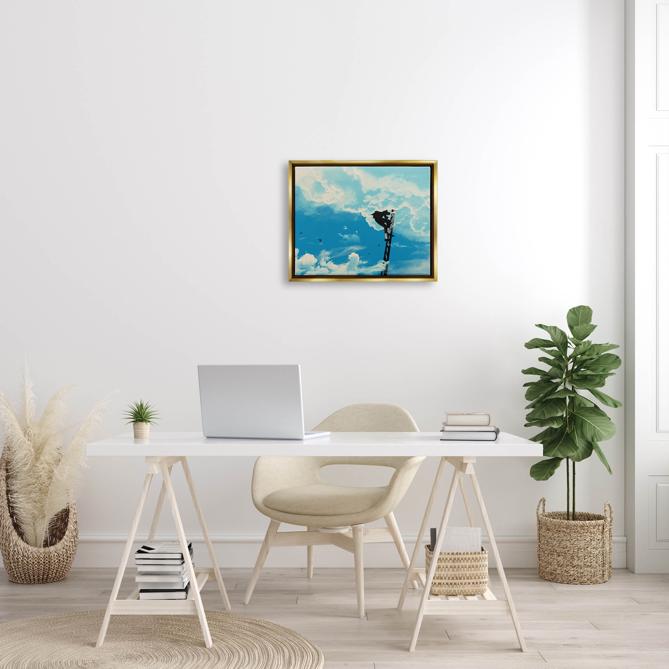 Stupell Industries Climbing Ladder Into Clouds Concept Graphic Art Metallic Gold Floating Framed Canvas Print Wall Art, Design by Matheus Lopes Castro