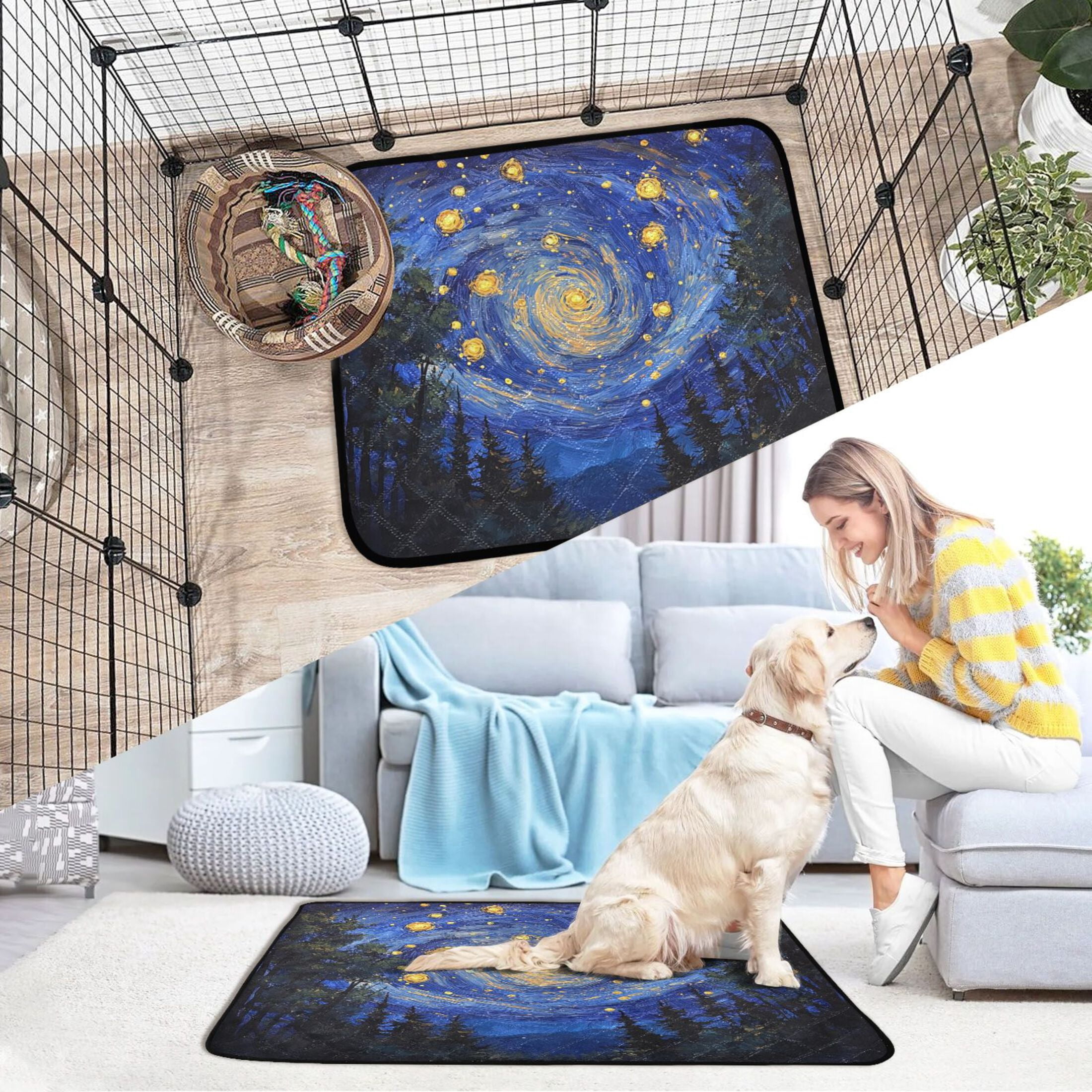Qxltty Starry Night Sky with Fireflies Cat litter Pads Pet Set of 3 Diaper Mats Center Anti-leakage Layer Absorbent Soft and Comfortable